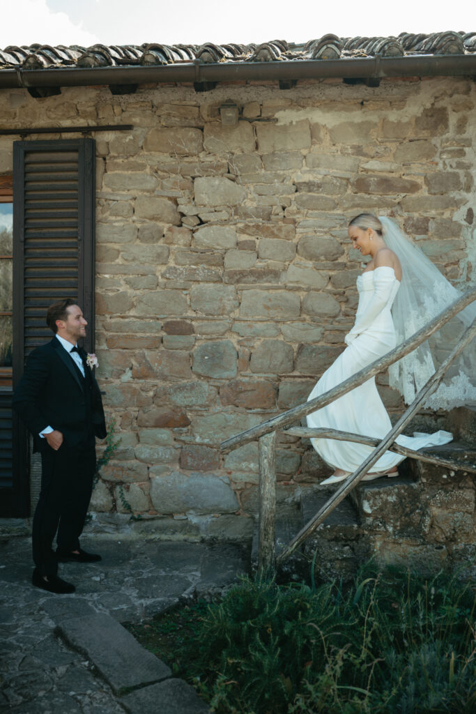 bride and groom first look photos at Castello di Ristonchi wedding