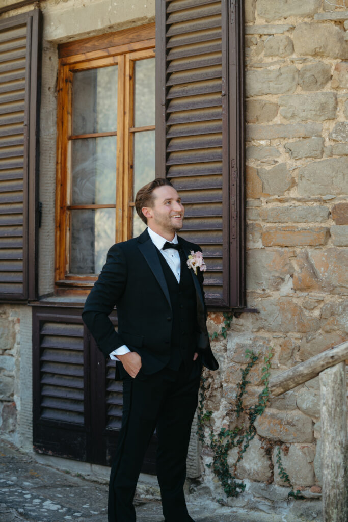 bride and groom first look photos at Castello di Ristonchi wedding