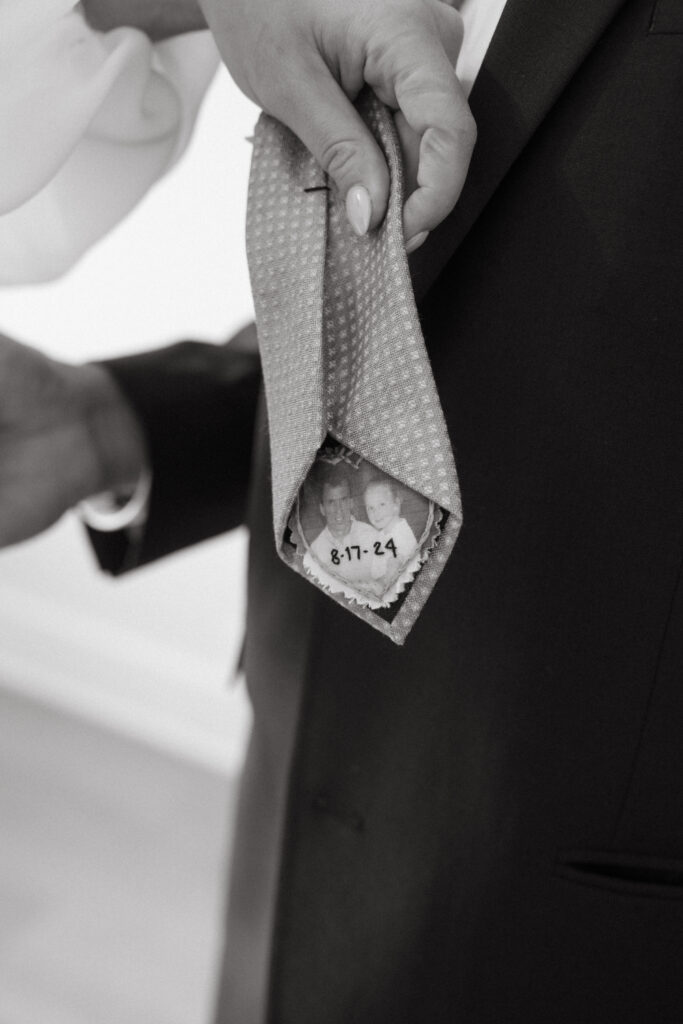 black and white photo of personalized tie