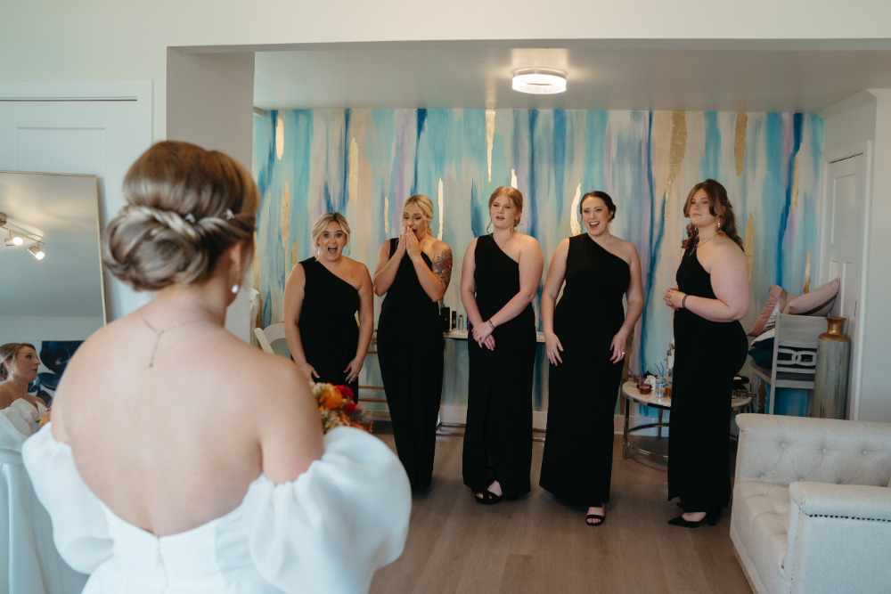 first look of bride and bridemaids for the palomar cincinatti wedding