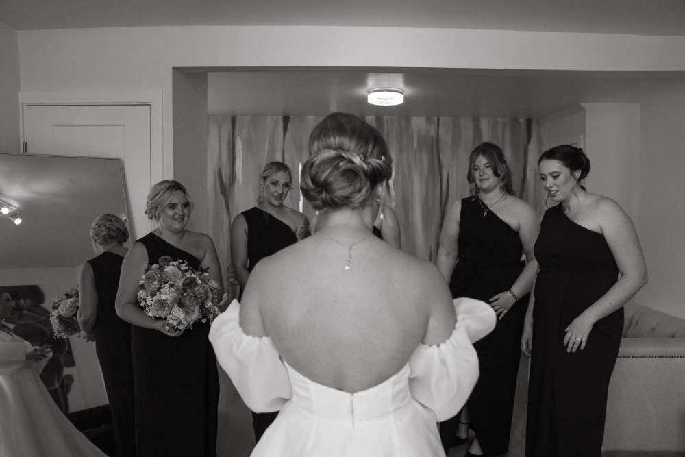 first look of bride and bridemaids for the palomar cincinatti wedding