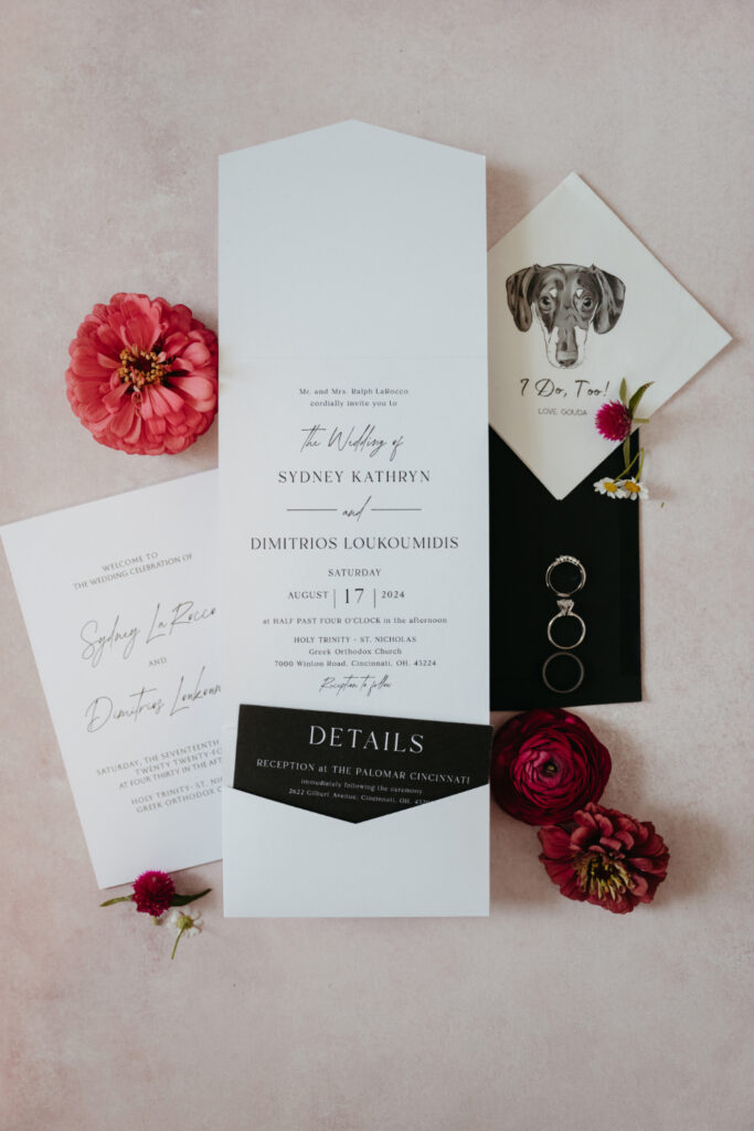 flatlay of wedding stationery and wedding accessories