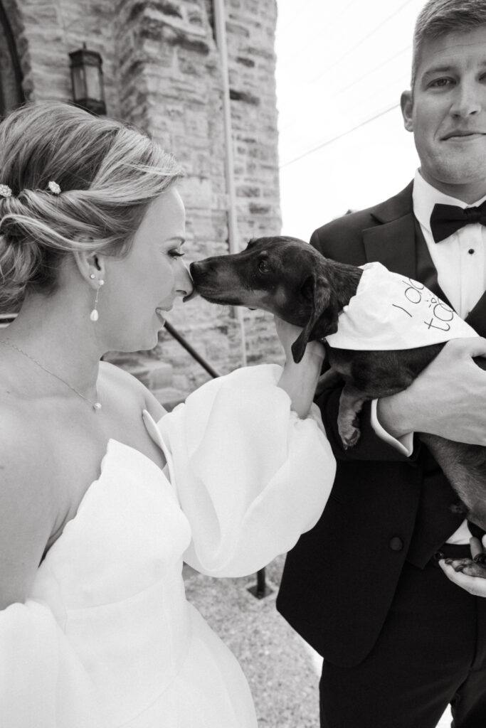 outdoor portraits of bride and groom with their dog