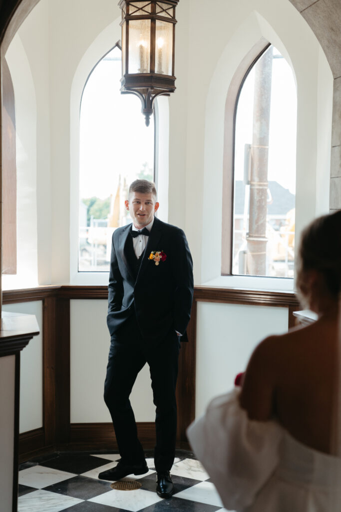 bride and groom first look at st nicholas cincinnati