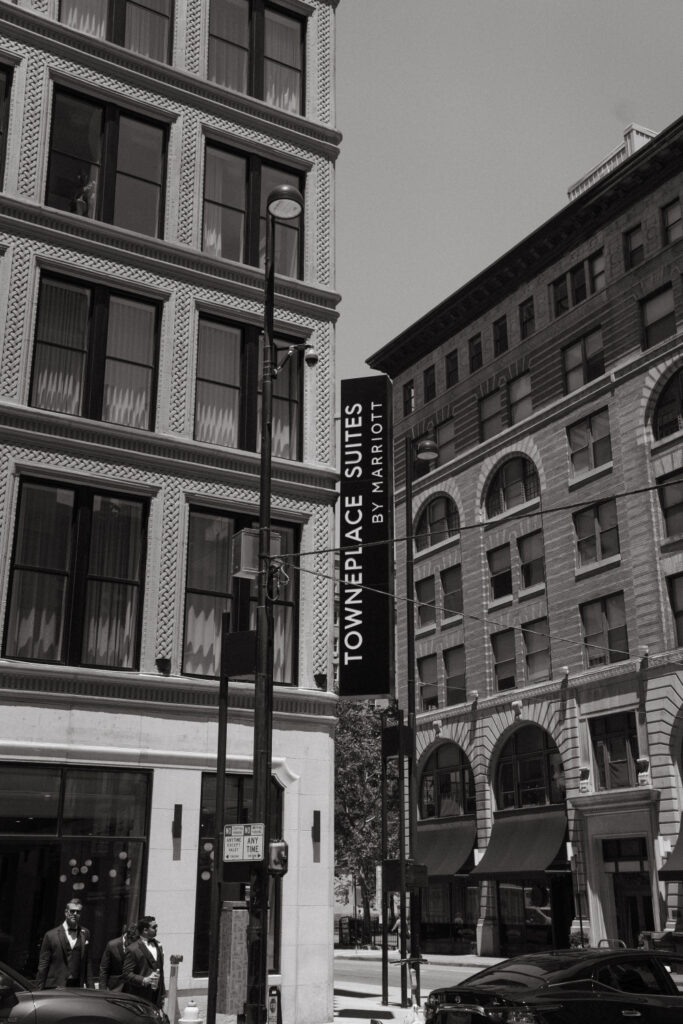 TownePlace Suites hotel exterior in black and white.