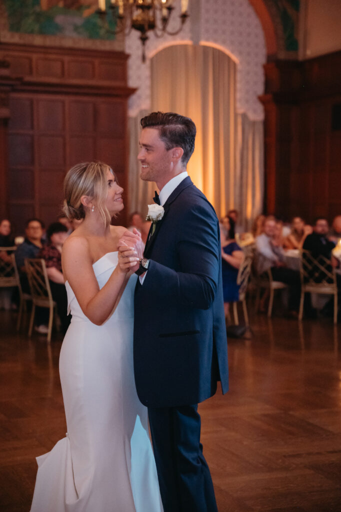 bride and groom first dance at cincinnati club wedding reception