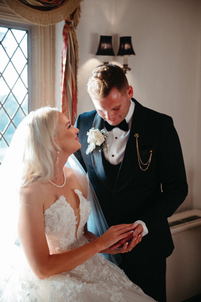 bride and groom looking at each other