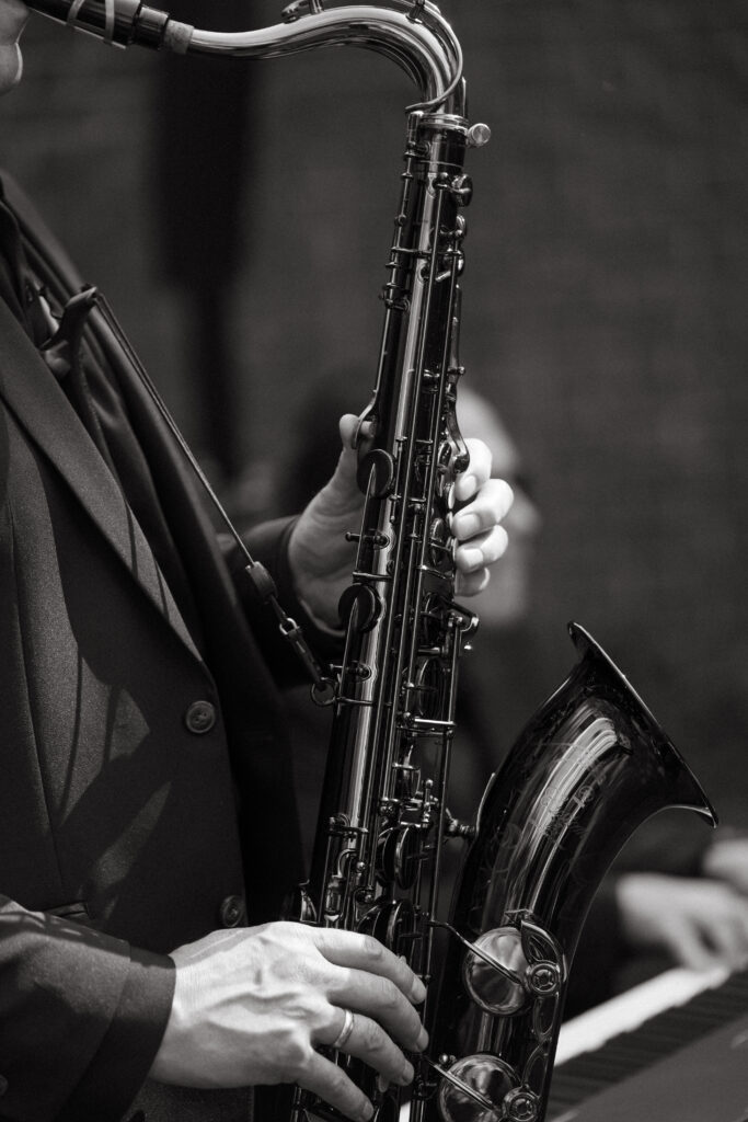 real-wedding-feature close of photo of the band playing the saxophone