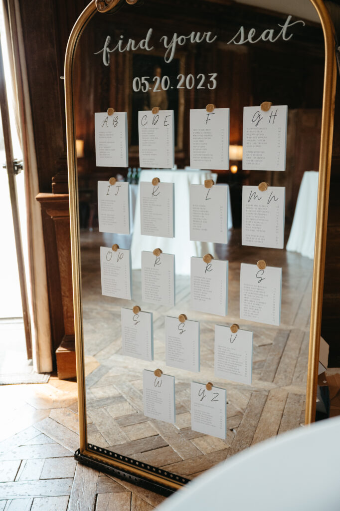 real-wedding-feature beautiful seating chart on a mirror