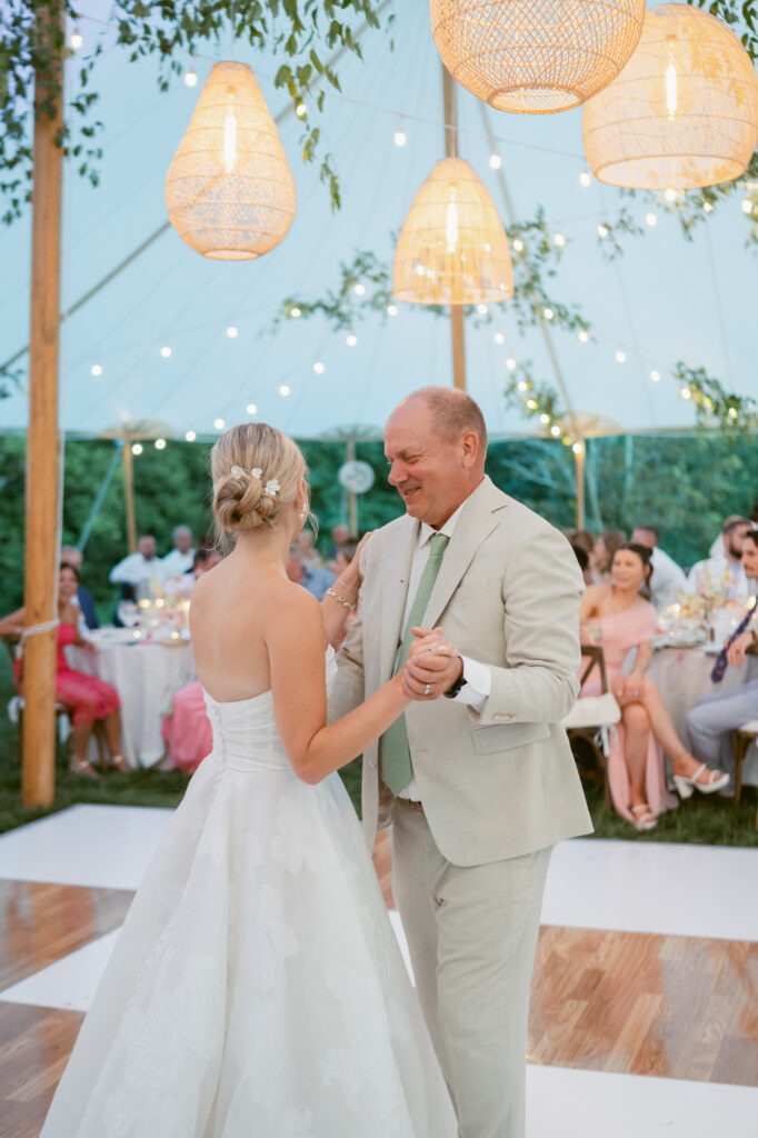 bride having her father daughter dance at her wedding at Meshawa House