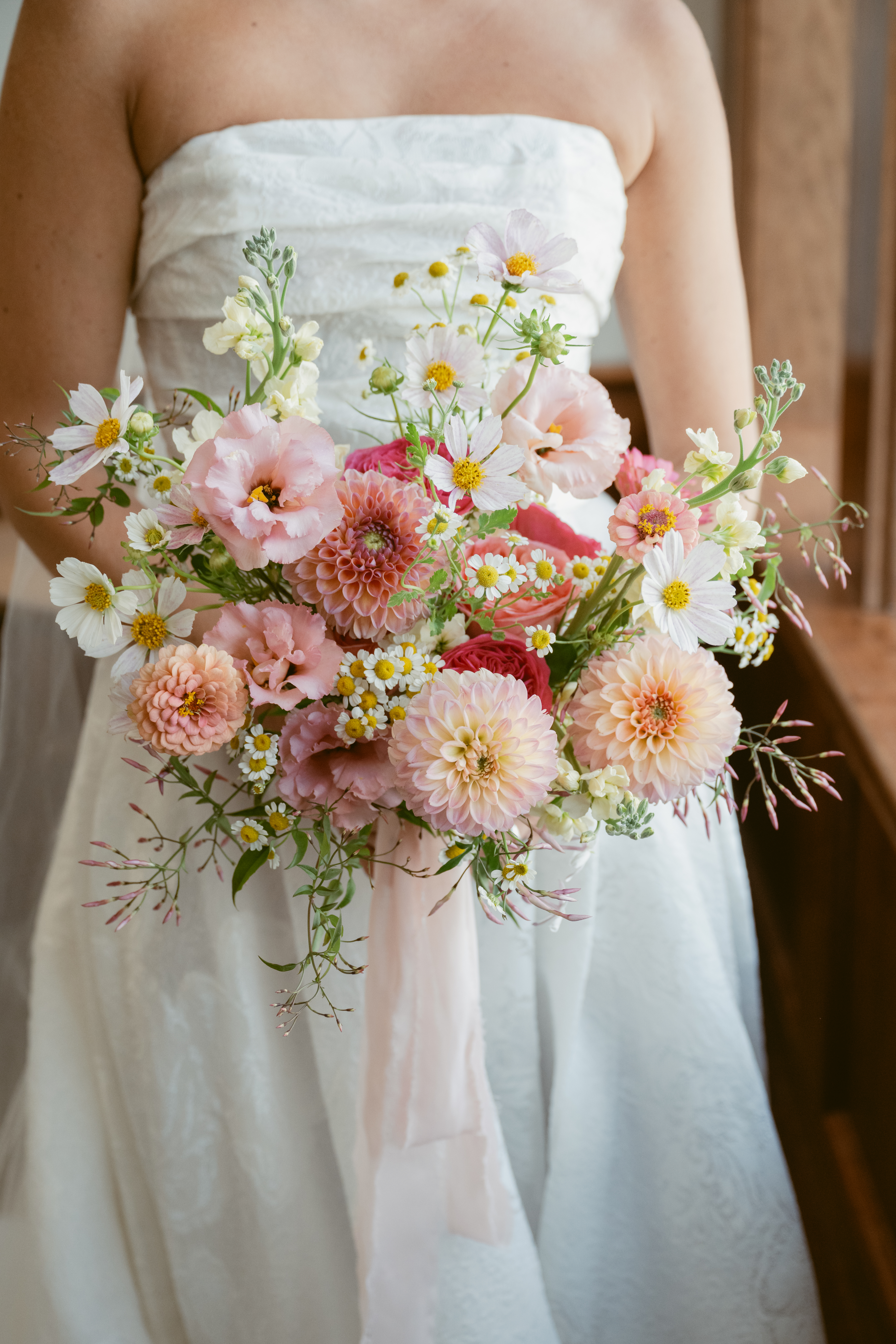 Close-up of bride holding pastel garden bouquet- Wedding at Meshewa House