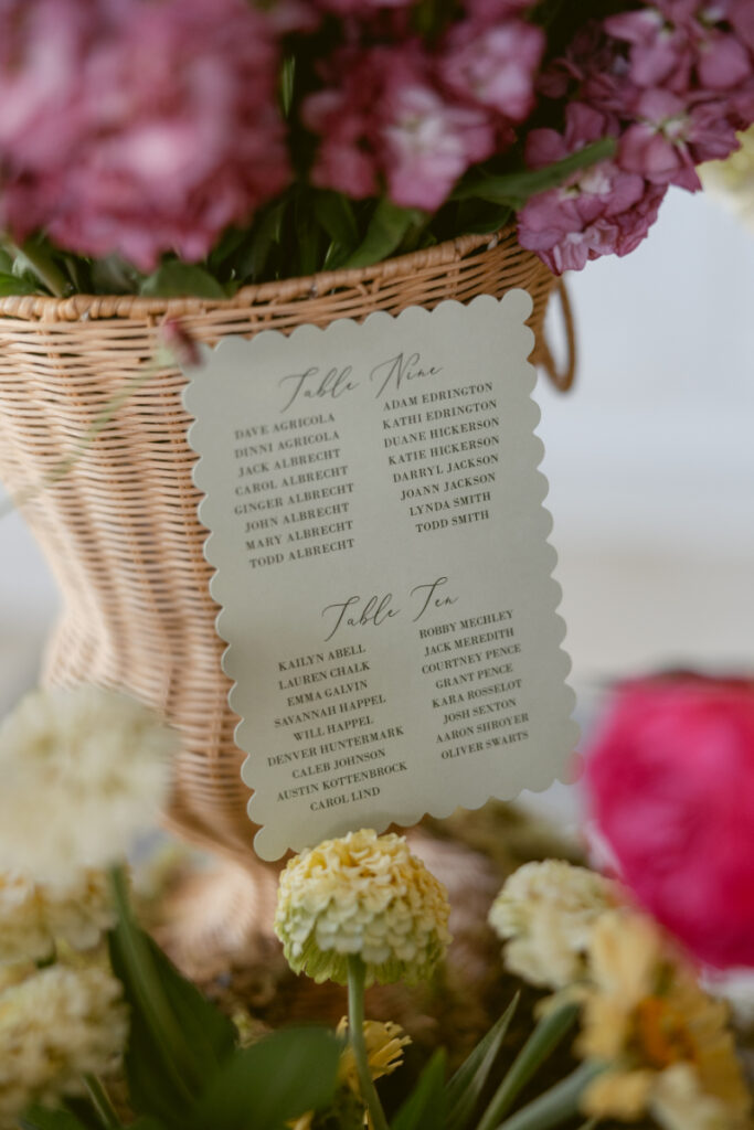 Wedding seating chart with scalloped edges hangs from a basket of flowers surrounded by fresh blooms.