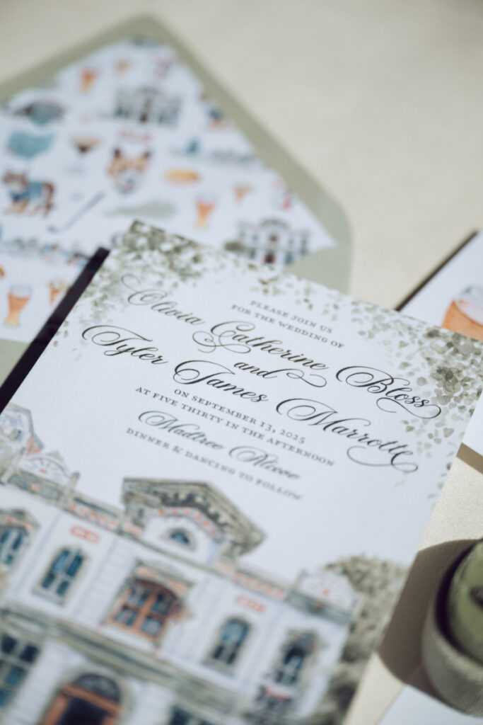 Custom wedding invitation suite for a Downtown Cincinnati Wedding with illustrated venue and details.