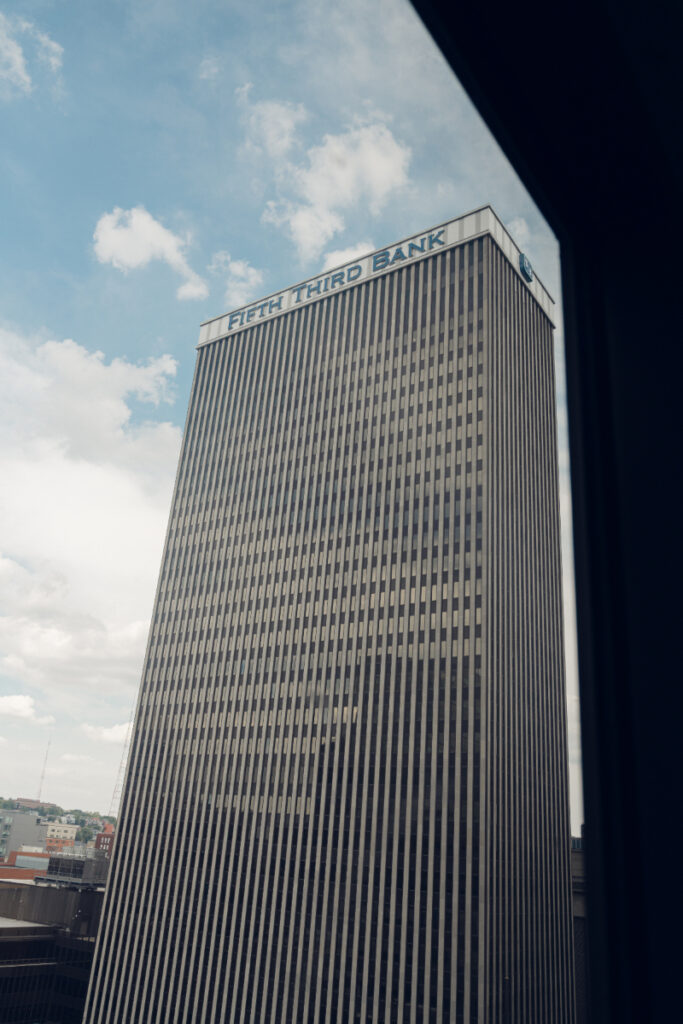 View of Fifth Third Bank building from a window during a Downtown Cincinnati Wedding morning.