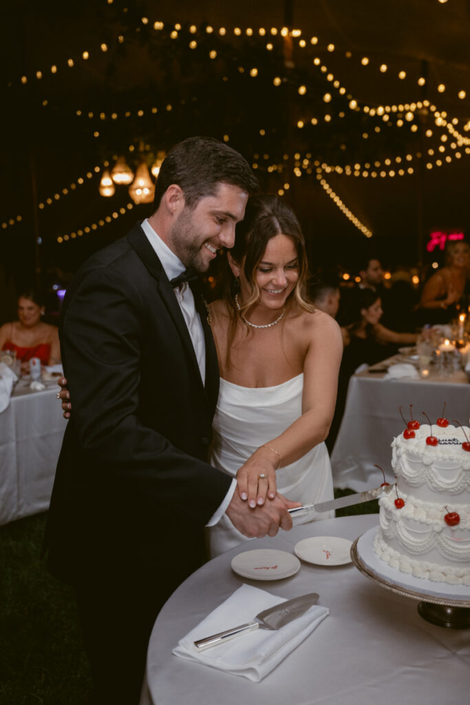 bride and groom cutting the cake