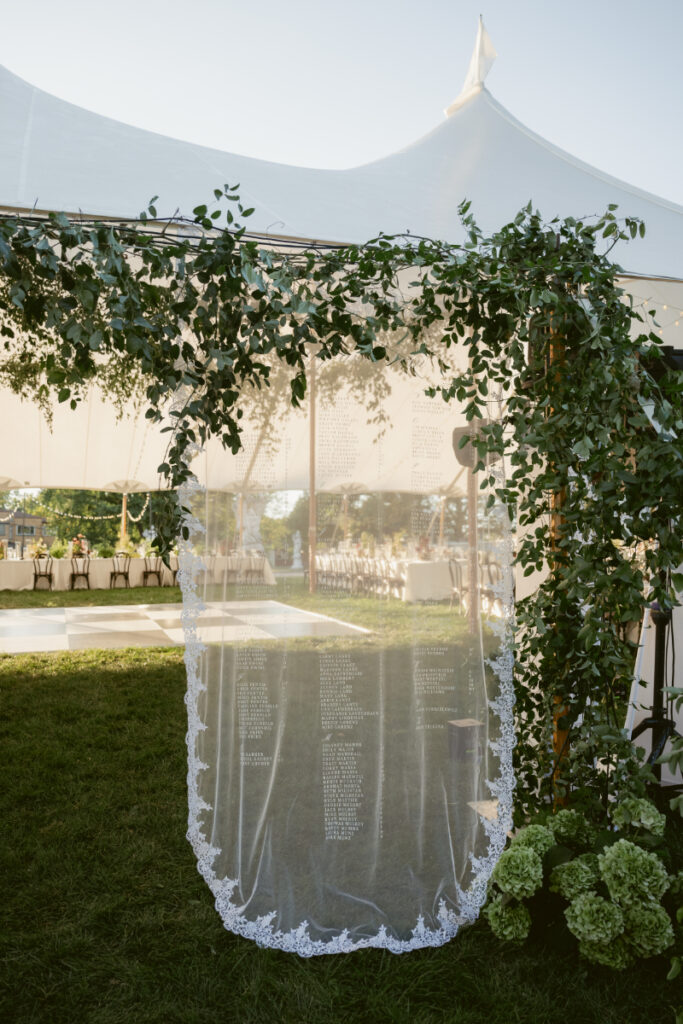 a hanging sheer sheet with the seating chart printed on it