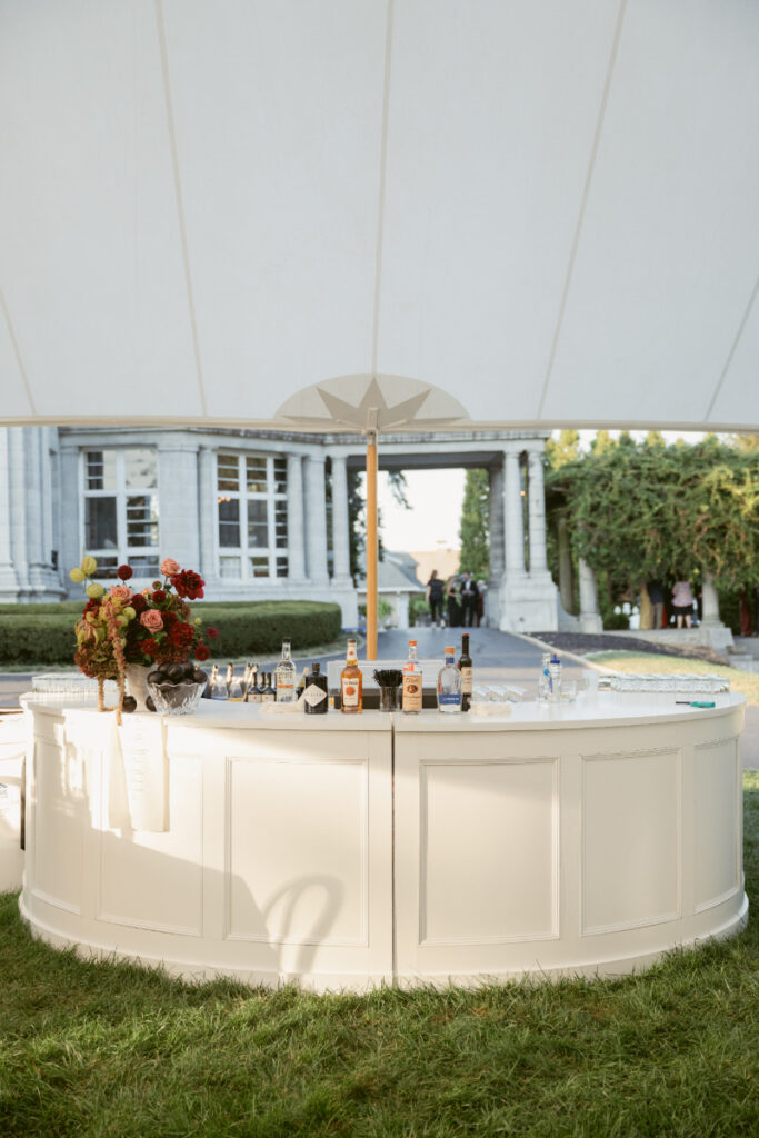 the bar at a tented wedding at Laurel Court