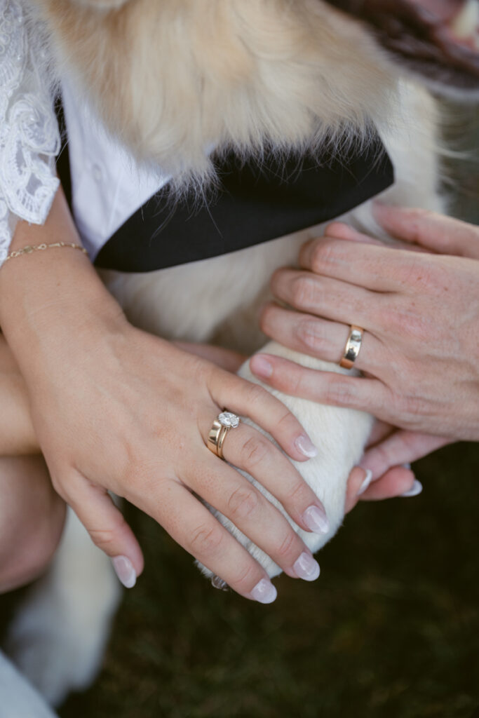 Bride and groom holding their dog’s paw to show rings during their Laurel Court wedding.