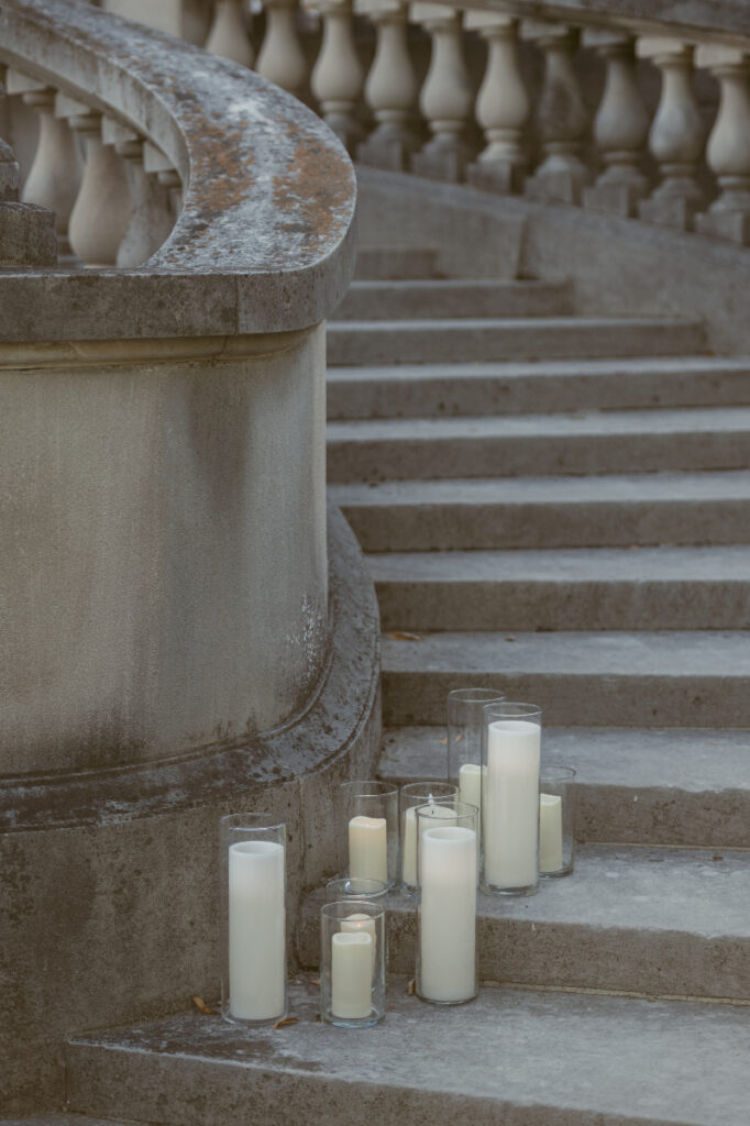 candles on stone steps at a Laurel Court wedding
