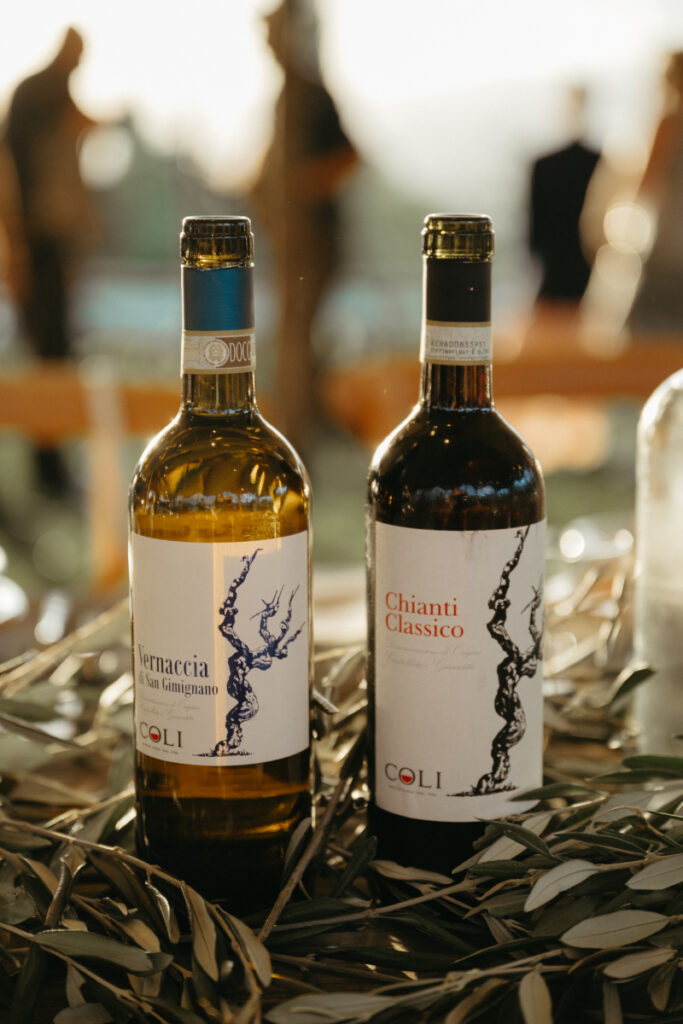 Two bottles of Italian wine displayed on a table with olive branches at an outdoor celebration.