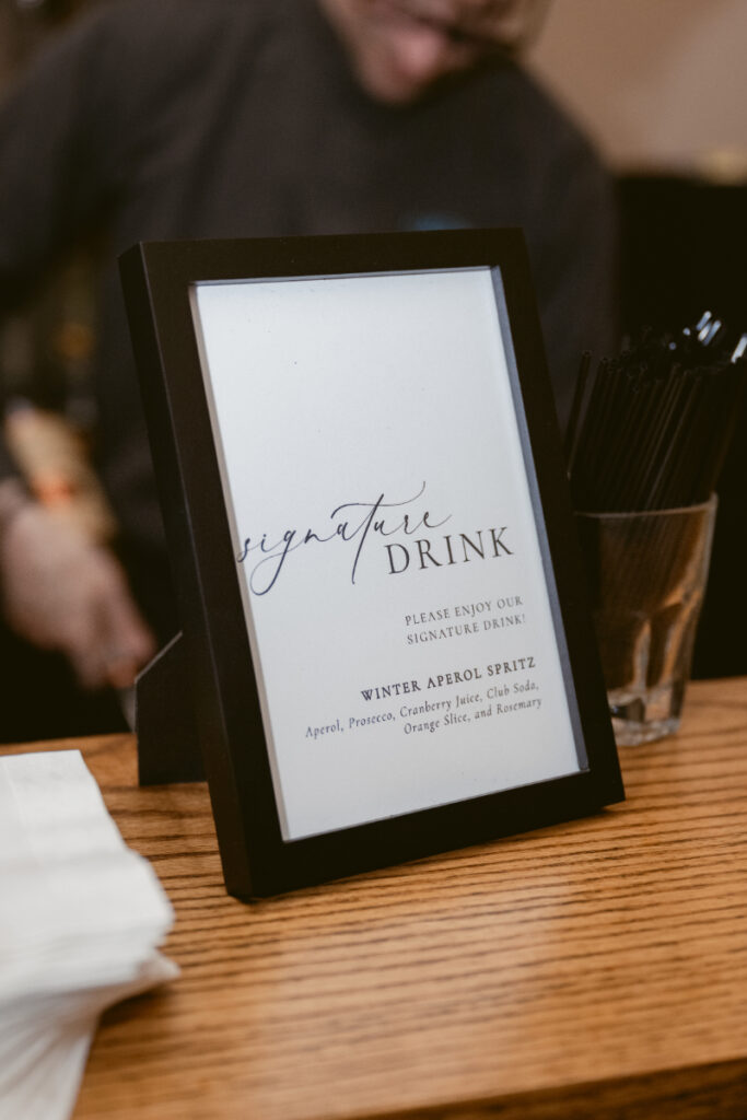 drink menu at a cozy winter wedding 