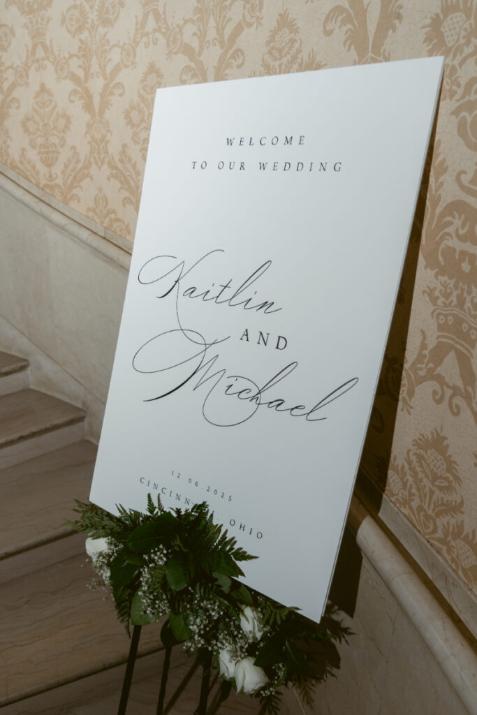 wedding welcome sign at a cozy Christmas wedding 