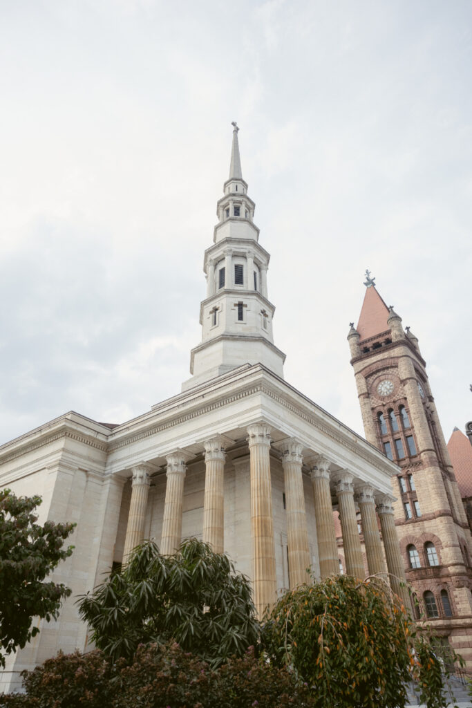 Exterior view of St. Peter in Chains Basilica in Cincinnati during a Hilton Netherland Plaza wedding.