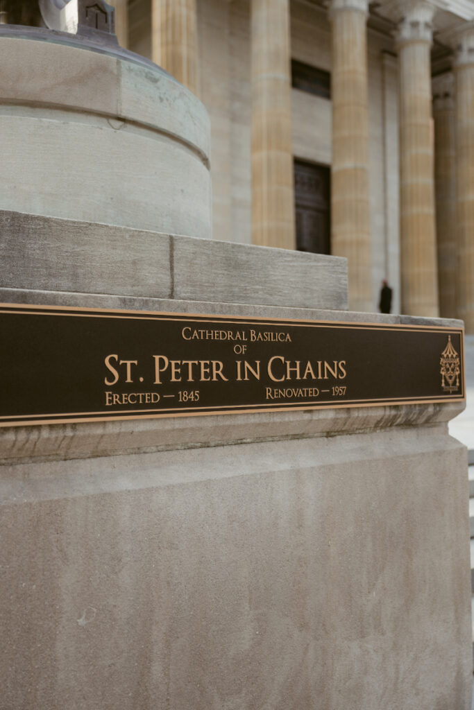 St. Peter in Chains Basilica exterior sign in downtown Cincinnati on a Hilton Netherland Plaza wedding day.