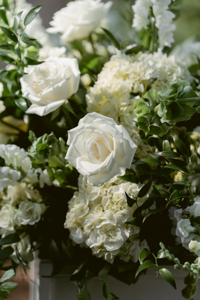 Close up of elegant white wedding flowers at The Palomar, one of Cincinnati's beautiful Ohio wedding venues.